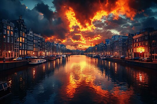 Amsterdam canal at sunset,  Holland, Netherlands,  Travel background