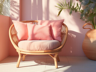 A serene, minimalist chair in soft pastel hues and smooth, rounded edges Its material is a blend of sustainable bamboo and gentle fabric cushions Placed in a peaceful garden, basking in soft sunlight