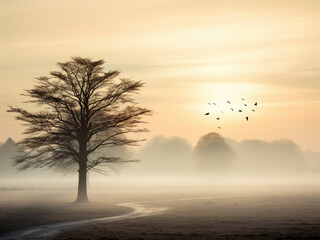 morning misty landscape with solitary tree and birds