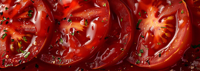 tomato slices in ketchup, zoom in - obrazy, fototapety, plakaty