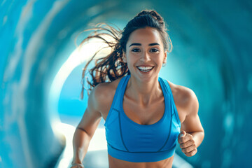 Fototapeta na wymiar Energetic female runner with hair flowing sprinting in a futuristic tunnel