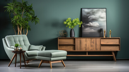 Wooden coffee table and lounge chair near gray sofa against green wall. Scandinavian home interior design of modern living room. Generative AI
