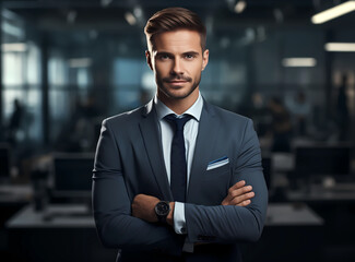 Portrait of a handsome businessman, look stylish, wearing elegant suit. Confidence in his glance