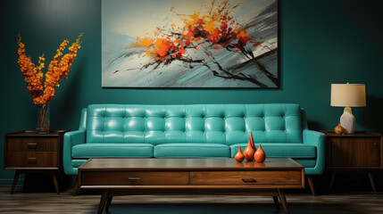 Wooden coffee table near turquoise sofa against wall with frame. Mid-century, retro, vintage style home interior design of modern living room Generative AI