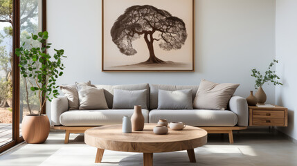 Round coffee table near grey sofa against white wall with art frame. Scandinavian home interior design of modern living room Generative AI