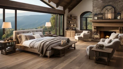 Foto auf Leinwand Farmhouse interior design of modern bedroom with hardwood floor. Generative AI © Fang