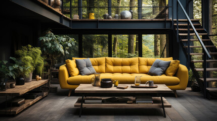 Yellow tufted sofa near rustic coffee table. Scandinavian home interior design of modern two story living room Generative AI