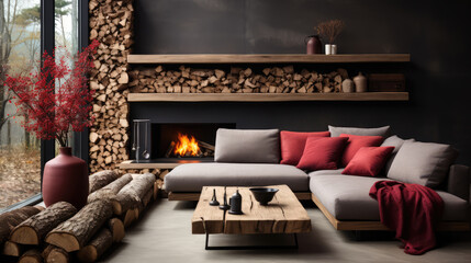 Wood log coffee table near rustic sofa with red cushion and grey and beige pillows against black stucco wall. Japandi home interior design of modern living room with fireplace Generative AI