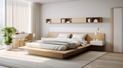 Scandinavian style interior design of modern bedroom. Wood bed with white bedding and bedside cabinets Generative AI