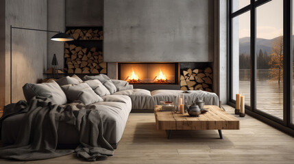 Grey daybed sofa against fireplace. Rustic scandinavian home interior design of modern living room Generative AI - obrazy, fototapety, plakaty