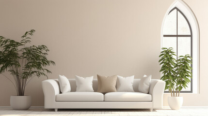 Minimalist home interior design of modern living room. White sofa and potted houseplants against arched window near beige wall with copy space. Generative AI - obrazy, fototapety, plakaty