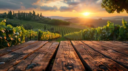 Foto op Aluminium empty wooden table with a view of the Vineyard in Tuscany, Italy. Wine grapes growing on vineyards at sunset. generative AI © matteo
