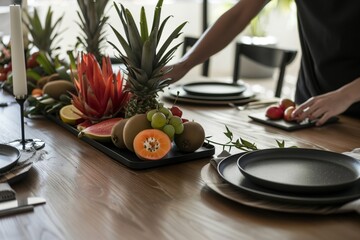 person setting a modern, minimalist table with exotic fruit centerpiece