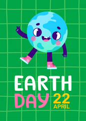 Retro cartoon earth day poster with comic character. Ecological banner with groovy earth globe for kids.