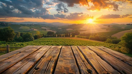 Rolgordijnen Toscane empty wooden table with a view of the Vineyard in Tuscany, Italy. Wine grapes growing on vineyards at sunset. generative AI