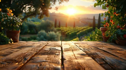  empty wooden table with a view of the Vineyard in Tuscany, Italy. Wine grapes growing on vineyards at sunset. generative AI © matteo