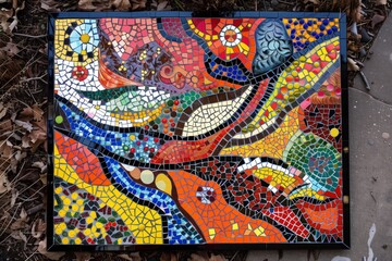 overhead shot of finished mosaic art piece with vivid patterns