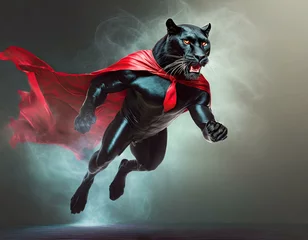 Rolgordijnen superhero black panther, with a red cloak and mask jumping and flying © stéphane huvé