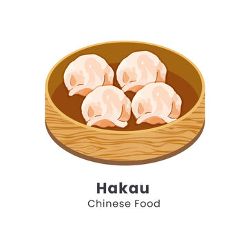 Hand drawn vector illustration of hakau chinese food in bamboo steamer basket