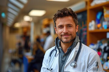 Portrait of confident doctor standing with arms crossed in corridor at hospital with his team in the background. generative AI