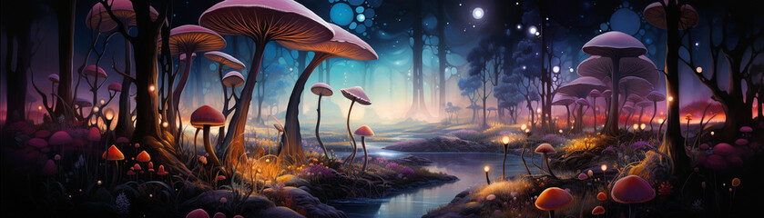 Extraterrestrial beings, Bioluminescent Mushroom, Teeming with life, Vibrant hues blending in twilight, Realistic painting, Golden hour, Vignette - obrazy, fototapety, plakaty