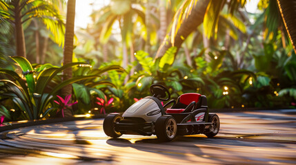 Futuristic electric golf kart in the middle of tropical park. - obrazy, fototapety, plakaty