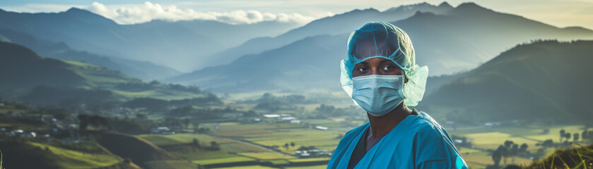 Health Worker, in protective gear, providing care in a rural clinic for a global health initiative Mountains in the backdrop, emphasizing remote location Realistic, Soft Natural Lighting