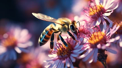 Foto op Aluminium Honey bee buzzing around blooming flowers, pollinating with precision and diligence, under a clear sky, 3D render, sunlight, chromatic aberration for artistic touch © Xistudio