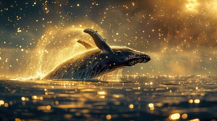 whale leaping out of the ocean, flashing, gold, blue and gold combination, whale diving in the ocean at sunset. generative AI