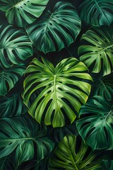  oil Painting  features  Vintage Boho style Monstera tropical foliage Garden dark green background , artwork for wall art, home decor and background 