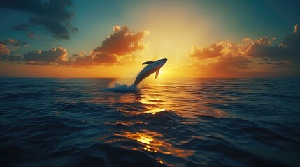 whale leaping out of the ocean, flashing, gold, blue and gold combination, whale diving in the ocean at sunset. generative AI - obrazy, fototapety, plakaty