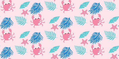 Tropical pattern with crab, palm leaves and starfish on pink background. Vector seamless design. - obrazy, fototapety, plakaty