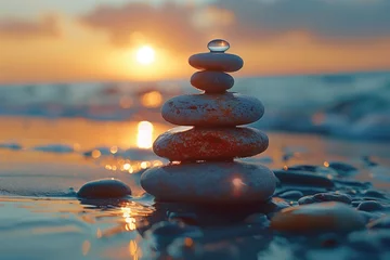 Foto auf Acrylglas Stack of pebble stones on the beach at sunset. Zen concept, stacking in balance glass stones on beach at sunset. generative AI © matteo