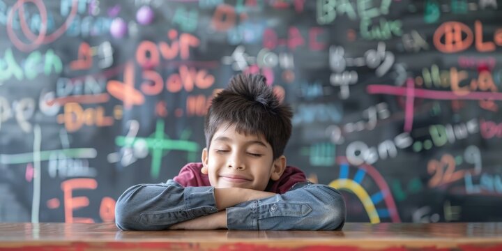 A student child. A funny schoolboy surrounded by numbers, equations, and math operations