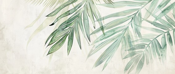 KS Light green and white palm leaves on the wall in the.