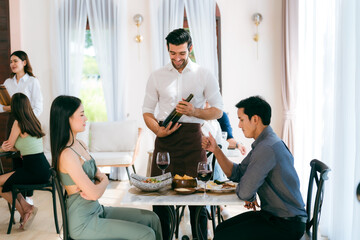 romantic love anniversary celebration of young asian couple, who woman and man happy together to dating and having meal food on dinner table, holiday eating lifestyle, girlfriend having smile happy