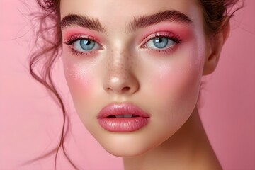 Fototapeta premium Professional Photo with Pastel Pink Makeup: Copy Space and Colors. Concept Beauty Photography, Pastel Makeup, Copy Space, Soft Colors, Professional Portrait