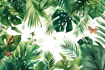 Graphic illustrations  features  Vintage Boho style green tropical foliage Garden on white background , artwork for wall art, home decor and background  - obrazy, fototapety, plakaty