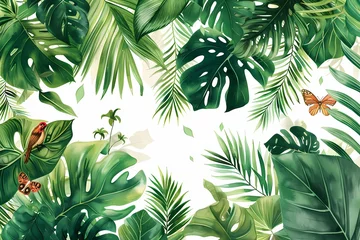 Fotobehang Graphic illustrations  features  Vintage Boho style green tropical foliage Garden on white background , artwork for wall art, home decor and background  © Wipada