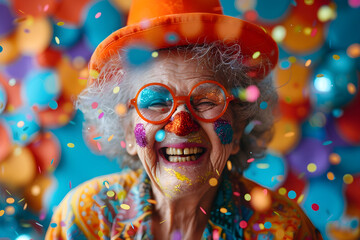 Funny grandma clown playing at home, April Fool's Day concept with splash glittering rainbow papers background