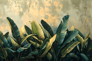 Oil painting  features  Vintage Boho style green tropical foliage Garden on neutral background , artwork for wall art, home decor and background  - obrazy, fototapety, plakaty