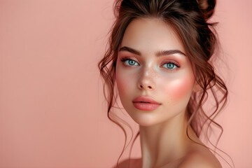 Makeup for a Woman in Pastel Pink: Professional Photo with Copy Space. Concept Pastel Pink Makeup, Professional Photoshoot, Copy Space, Beauty Portraits