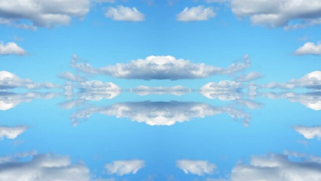 Creative 4k time lapse video of moving clouds with reflection and mirror effect as in a kaleidoscope. Beautiful mirrored pattern of fast moving clouds in a blue sky.