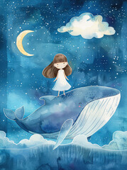 Dziewczynka na grzbiecie wieloryba - ilustracja, akwarela - obrazy, fototapety, plakaty