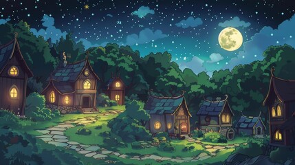 a cartoon of houses in a forest at night