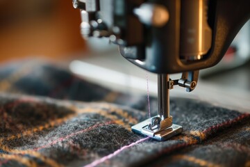 sewing machine foot following a chalk seam line on wool blazer - obrazy, fototapety, plakaty