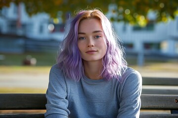 Portrait of a beautiful young woman with purple hair in the park - obrazy, fototapety, plakaty