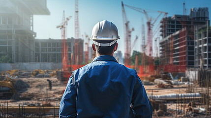 A construction worker in a blue uniform stands on a construction site. Office buildings and cranes in the background.