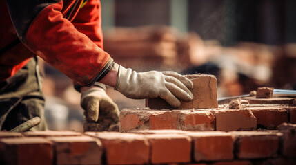 Hands of a construction worker laying a red brick wall.