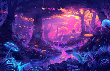 a colorful forest with trees and plants